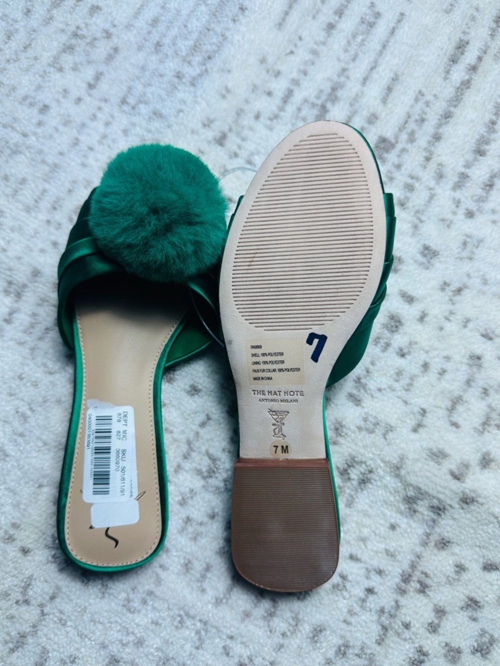 ANTONIO MELANI Emerald Satin Pom-Pom Sandals - Picture 7 of 14